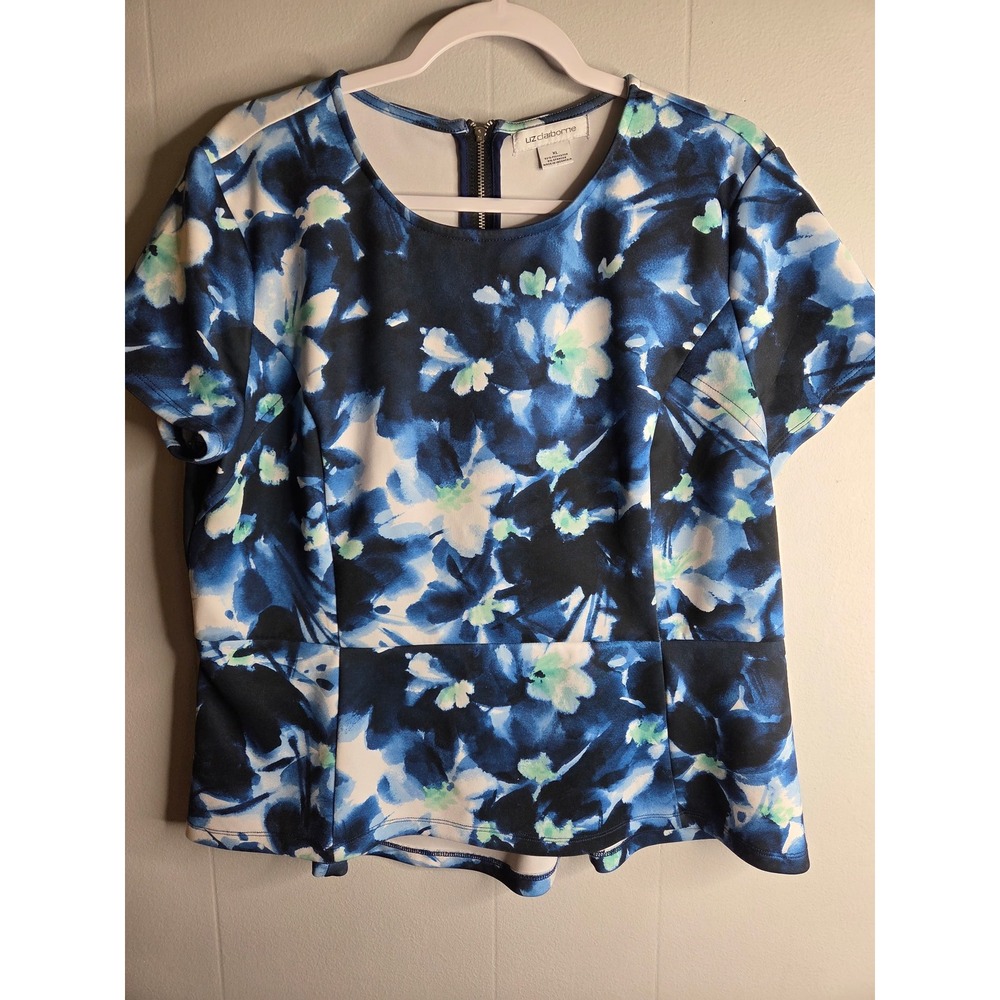 Liz‎ Claiborne Womens XL Blue Floral Peplum Top Short Sleeve Back Zip Blouse